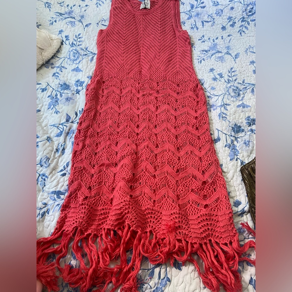 Crochet Fringe Summer Dress in Coral